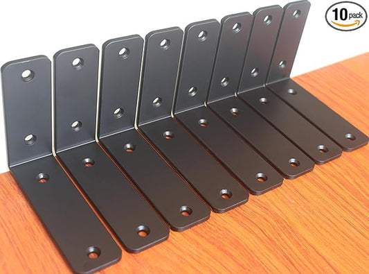 10 Pack - L 5" x H 4" x W1.5, 5mm Thick Black L Shelf Bracket, Iron Shelf Brackets, Metal Shelf Brackets, Floating Shelf, Shelf Supports with Screws