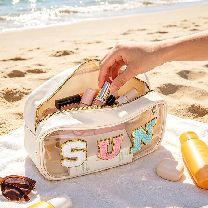 Clear Makeup Bag,Waterproof Sunscreen Bag with Letter Patches,Travel Beach Pool Bag,Personalized Travel Toiletry Cosmetic Bags Gifts For Girl Women Mom Teacher Nurse (Pink-SPF)