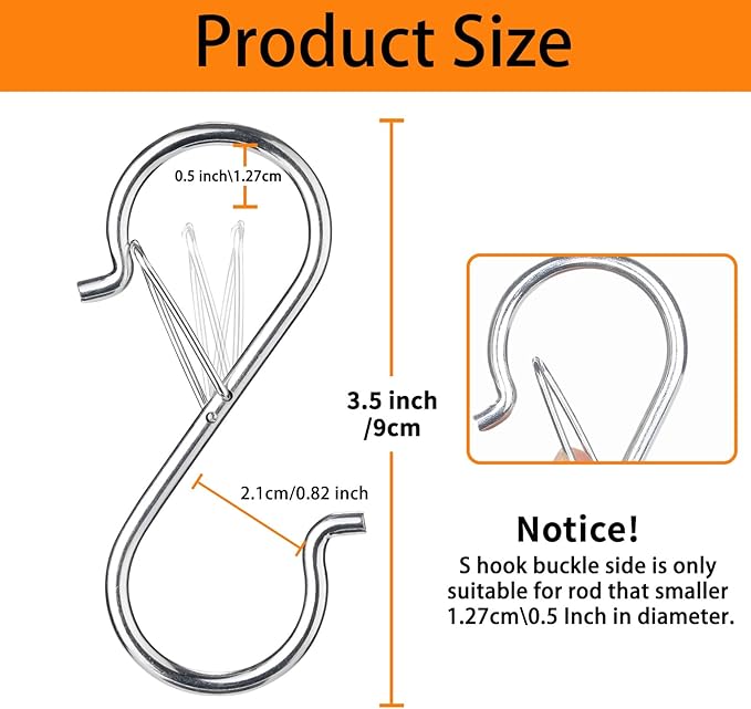 12 PCS S Hooks for Hanging with Safety Buckle, Metal S Shaped Hooks Fit for 0.5 Inch Rod Diamater, for Kitchen Utensil, Cups, Pots, Plants, Bags, Hats (Silver)
