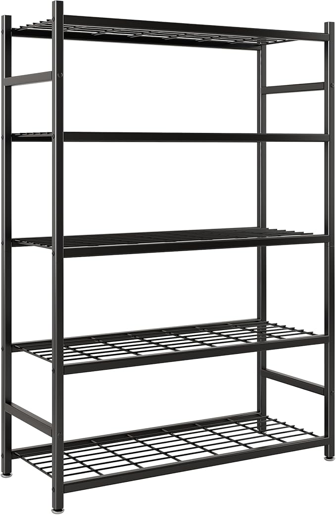 Wide Storage Shelves, 5-Tier Metal Shelving Unit with Adjustable Feet, Compact Shelf Organizer for Garage, Kitchen, Pantry and Closet Organization, 36.4" x 11.8" x 68.3", Black