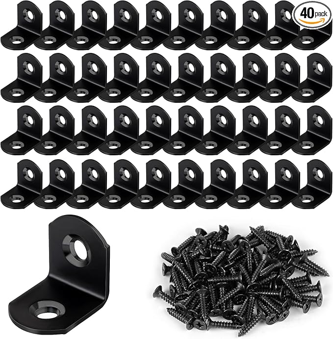 40 Pcs L Bracket Stainless Steel Corner Brace Sets, 90 Degree Right Angle Brackets with 80 Pcs Screws, L Bracket Firmware for Wooden Shelves, Chairs, Tables, Dressers, Furniture (Black)