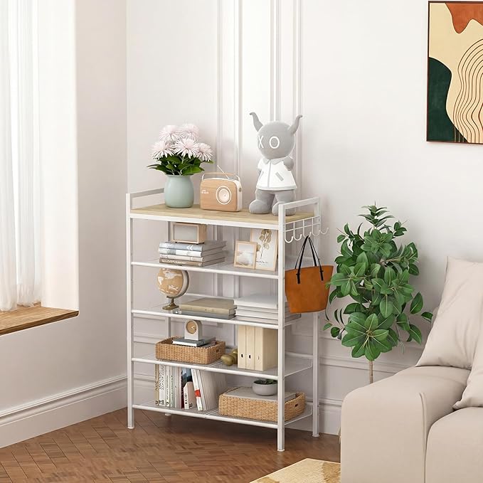 Refrze Shoe Rack for Front Door Entrance, 5 Tier Height-Adjustable Metal Shoe Rack, Sturdy Wooden Top and Tiltable Steel Frame Heavy Duty Shoe Organizer for Bathroom,Bedroom,Kitchen，Include Hook
