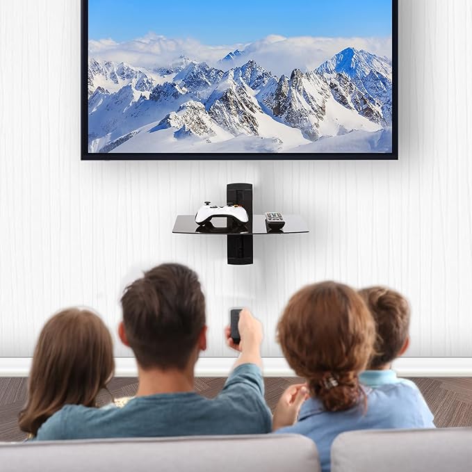 WALI Floating TV Shelf, 1 Tier Glass Projector Shelf for DVD Players, Routers, Game Consoles, Cable Boxes, Living Room Decor, Wall Mount Shelves Hold Up to 17.6lbs (CS201B), 1-Shelf, Black