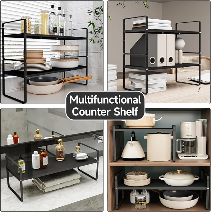 2Pack 16.5-27’’L Expandable Kitchen Shelf Organizer, Stackable Shelves Organizer, Adjustable Height Pantry Spice Rack for Cabinet, Countertop, Pantry and Cupboard, Black