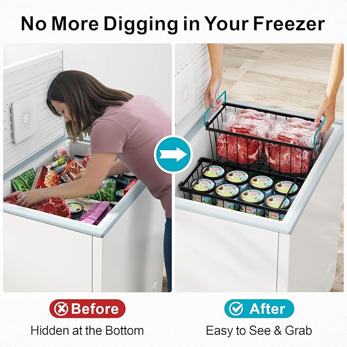 iSPECLE Deep Freezer Organizer Bins - Fits 7 Cu.Ft Chest Freezer, 8 Pack Stackable Wire Baskets(14.7" Length), Heavy Duty Coated Freezer Organizer, Rust Resistant for Frozen Food Sorting, Black