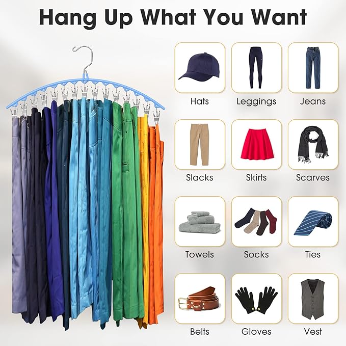 3 Pack Skirt Pants Hangers with Clips, Legging Organizer for Closet Hanging with 10 Cilps Holds 30 Leggings/Shorts/Jeans/Skirts Pants Hangers Space Saving Closet Organizers and Storage, Blue
