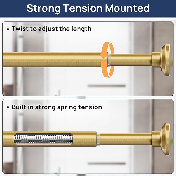 ENJOYBASICS Shower Curtain Rod 30 to 88 Inches, 1 Inch Stainless Steel Adjustable Spring Tension Rods No Drill for Bathroom, Closet, Window, Room Divider, Never Rust, Non Slip, Gold
