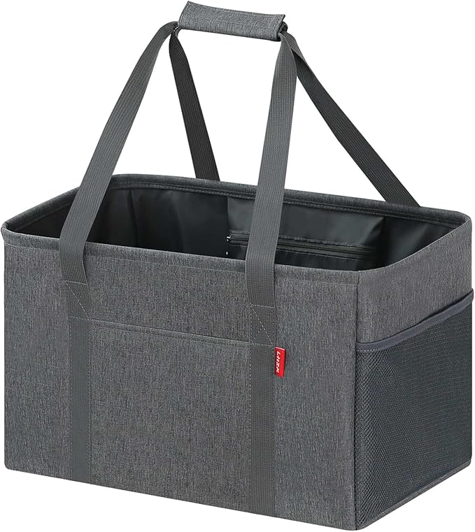 LHZK Standing Utility Tote Bag with Metal Wire Frame and the Sides Rinforced, Large Tote Bag with Handle, Reusable Grocery Bags Foldable, Beach Bag, Car Tote (Grey, 18.5''x11.8''x11.5'') | Metal Wire Frame