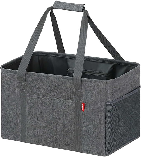 LHZK Standing Utility Tote Bag with Metal Wire Frame and the Sides Rinforced, Large Tote Bag with Handle, Reusable Grocery Bags Foldable, Beach Bag, Car Tote (Grey, 18.5''x11.8''x11.5'') | Metal Wire Frame