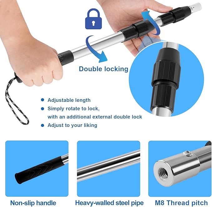 17"-35"Stainless Steel Telescopic Pole with Heavy-Duty Wall Mount Ring & Curved Hook for Attic Stair Pull Down System, Interchangeable Clothes Hook, Easy to Hang Garments, Flower Pots and Bird Feeders