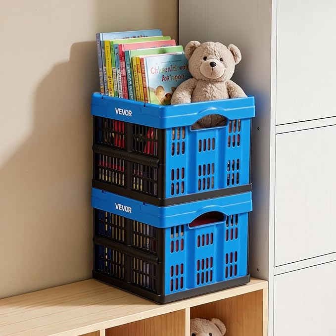 VEVOR Plastic Collapsible Storage Bins, 25L 3 Packs, Stackable Folding Storage Crates with Handles, Holds 22 lbs Per Bin, Foldable Heavy Duty Containers, Space-Saving Baskets, for Home Organizing