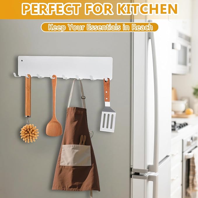 Magnetic Key Holder for Frideg,Heavy Duty Strong Magnetic Key Hanger with 8 Hooks for Refrigerator,Magnetic Kitchen Utensil Holder for Metal Surface in Entryway,Garage,Pantry (White)