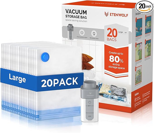 ETENWOLF 20 Pack Large Vacuum Storage Bags with Rechargeable Wireless Pump, Vacuum Seal Bags for Clothes and Travel, Space Saver Compression Bags for Luggage and Suitcases (31.5 X 23.6 inch)