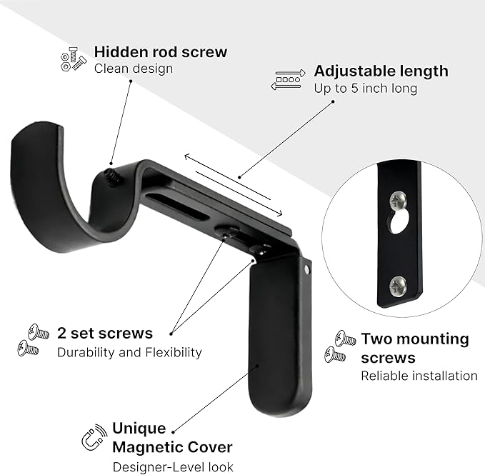 Adjustable Curtain Rod Brackets for Wall with Magnetic Cover, 5 inch Long Heavy Duty Curtain Rod Holders Extended Brackets, Window Hardware Holders Adjustable Mounting Hardware Support Black Set of 2