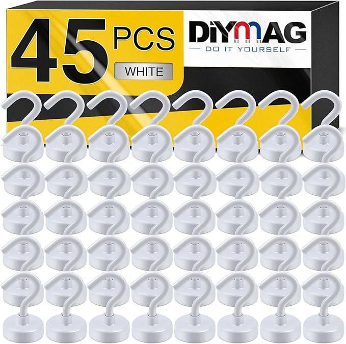 DIYMAG Magnetic Hooks for Refrigerator, Extra Strong Cruise Hook, Heavy Duty Earth Magnets with Hook for Hanging, Magnetic Hanger for Cabins, Grill (45P-White)