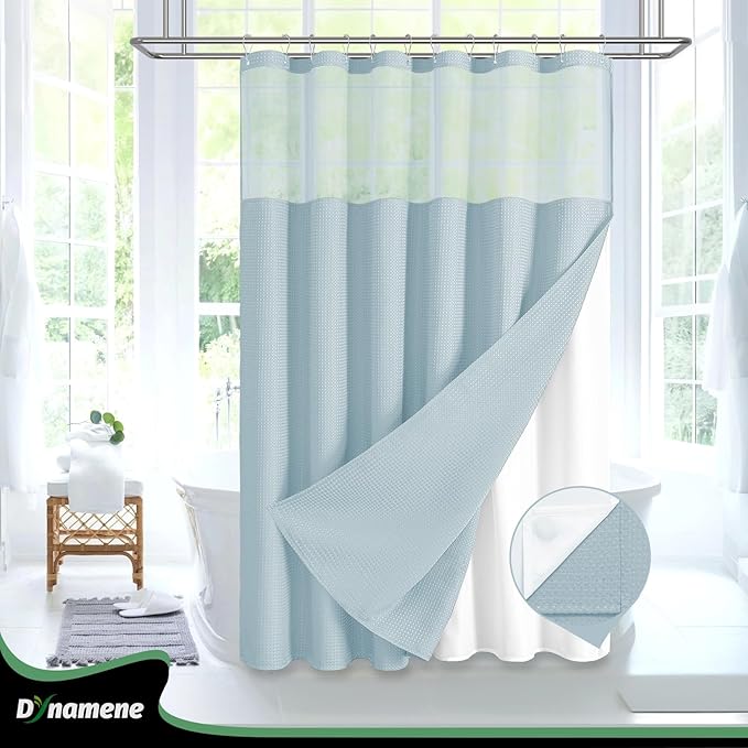 Dynamene 78 Inch Long Shower Curtain, Tall Waffle Fabric Shower Curtains for Bathroom, Hotel Waterproof Cloth Shower Curtain Liner Set with Hooks, Snap in Liner, Mesh Top Window, Fog Blue, 72x78