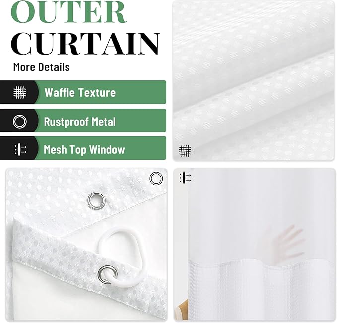 Dynamene Fabric Shower Curtain with Snap in Liner, White Waffle Hotel Shower Curtains for Bathroom, Washable Waterproof Cloth Shower Curtain Liner Set with Plastic Hooks, Mesh Top Window, 72x72