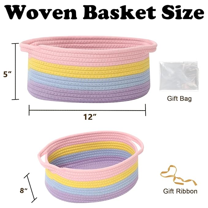 Small Woven Rope Basket-Empty Gifts Basket with Bag and Ribbons,Cute Handle Organizer Box for Birthday/Baby Shower, Toy Storage, Nursery Organizing & Shelf Decor(Rainbow Pastel)