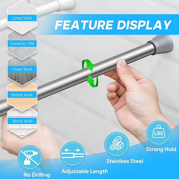 Tension Rod 16 to 26 Inch Sliver Tension Curtain Rod No Drill Spring Tension Rod 2pack Small Tension Rod for Cupboard Closet Bookshelf Diy Projects Wardrobe Spring Loaded Curtain Rods