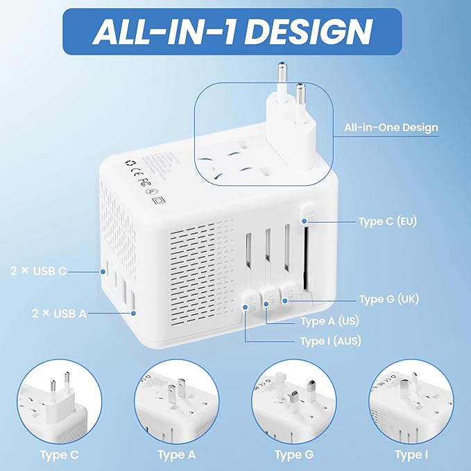 Converter for European Travel, Specially for Hair Dryers, 220v to 110v Voltage Converter with AC Socket, 2 USB C & 2 USB A Ports, Compact Voltage Converter US to Europe (White)