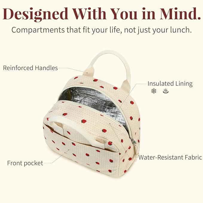 LOVELYWIND Crossbody Strawberry Lunch Bag for Women, Insulated Corduroy Tote with Adjustable Strap, Water Resistant Lunch Box for Work, Picnic, Travel or Beach, Beige Cream Reusable Lunch Box