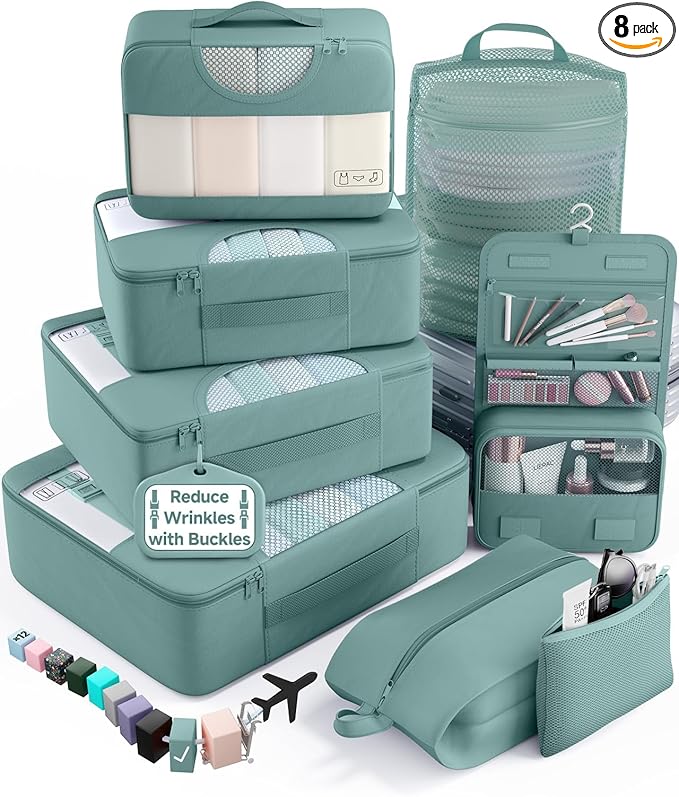 Veken 8 Set Packing Cubes for Travel Essentials, Suitcase Organizer Bags in 4 Sizes, Carry-On Luggage Accessories with Large Laundry & Shoes Bag, Must-Have for Airplane, Road Trip & Camping