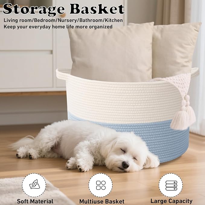115L Large Blanket Basket,23.6" L x 23.6" W x 15.7" H Rope Woven Baskets with Handles, Toys Storage Bins,Laundry Basket Perfect for Living Room, Nursery,Bedroom,Home Organization,White&Blue