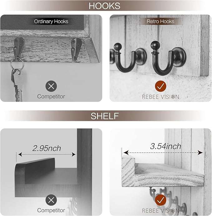 Rebee Vision Decorative Key and Mail Holder for Wall - Modern Key Hooks with Shelf and Mail Organizer Wall Mount for Frmhouse House Decor - Stylish Apartment Essentials (Gray, 3.54"D x 10"W x 7.28"H)