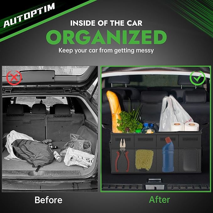 AUTOPTIM Car Trunk Organizer - 65L Collapsible Car Organizer with Non Slip Bottom & Multiple Pockets for Groceries, Trunk Storage with Base Panel for SUV Sedan Van, 2 Compartments (Black, Medium)