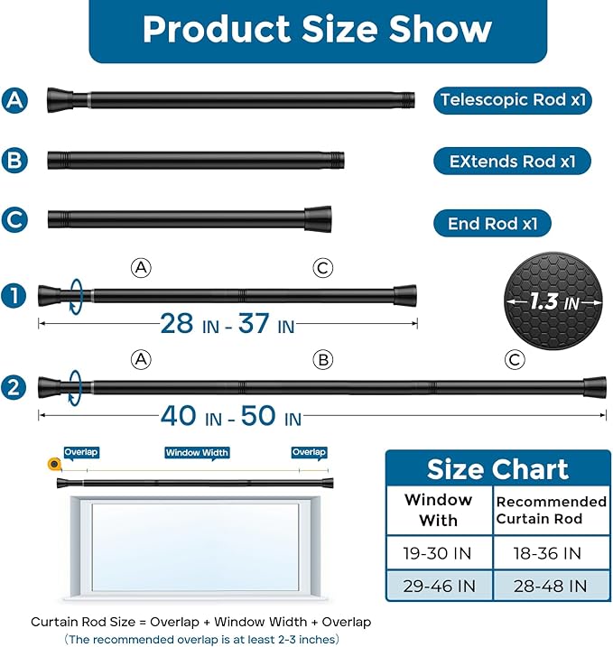AIZESI 4pcs Spring Tension Curtain Rod for Windows 28 to 48 Inch, Black 7/8 Diameter Adjustable Curtain Rod Spring Curtian Rods No Dirlling for Bathroom, Kitchen, Cupboard