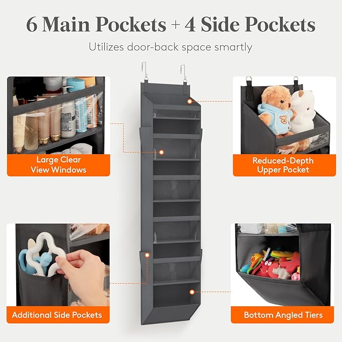Lifewit 1 Pack Over the Door Organizer, 6 Section Clear Window Hanging Storage with 4 Side Pockets, Sturdy Anti Tilt 40 lbs Load Behind Door for Closet, Bedroom, Bathroom, Nursery, Dorm, Gray