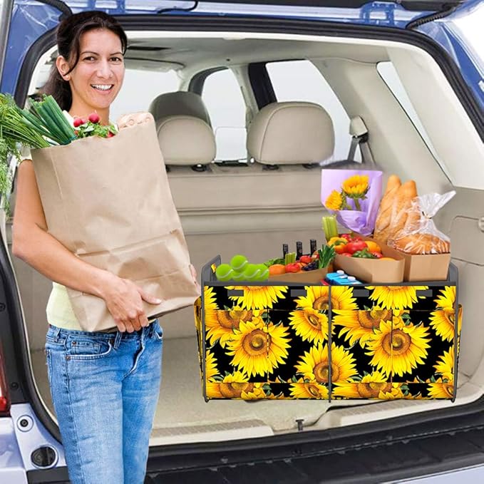 Homeve Trunk Organizer, Car Storage, Reinforced Handles, Collapsible Multi-Compartment, Foldable, Waterproof, Sturdy, 600D Oxford Polyester For Car, SUV, Mini-Van, Sunflower, 2 Compart