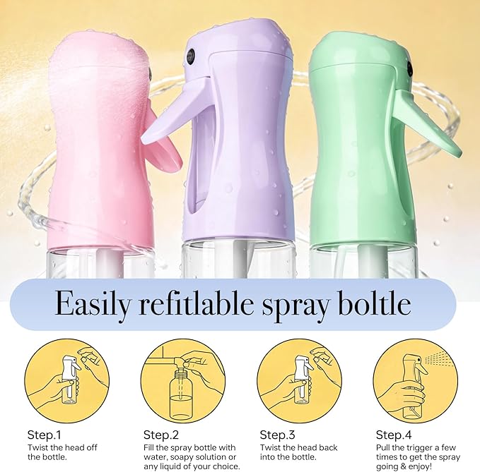3Pcs Continuous Spray Bottles For Hair,Ultra Fine Mister for Hair Styling, Plants, Cleaning, Salon, Misting & Skin Care (200ML Green+Pink+Purple)