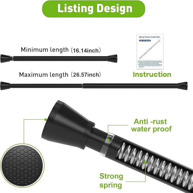 Tension Curtain Rod 2 Pack Small Tension Rods 16 to 26 Inch Black Tension Rod Adjustable Curtain Rod No Drilling Spring Tension Rod Expandable Pressure Tension rods for Closet,Kitchen