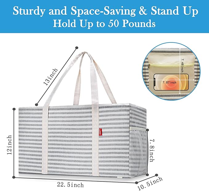 LHZK 2 Pack Extra Large Utility Tote Bag with Metal Wire Frame and the Sides Rinforced, Extra Large Tote Bag with Handle for Pool Beach Laundry Storage (Gray)