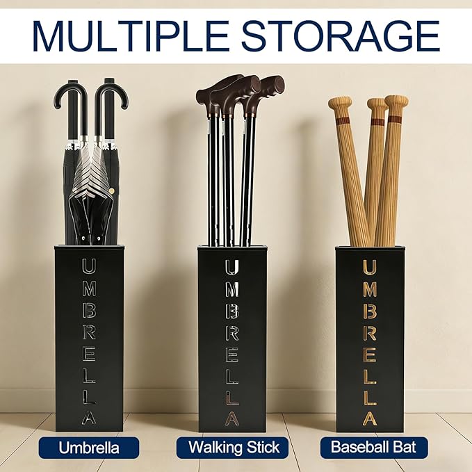 Square Metal Umbrella Canes Holder, Free Standing Umbrella Rack Stand Storage Bucket, Walking Sticks Organizer Bin for Indoor Entryway, Home, Office and Hotel, 16.3" x 6.3" x 6.3", Black