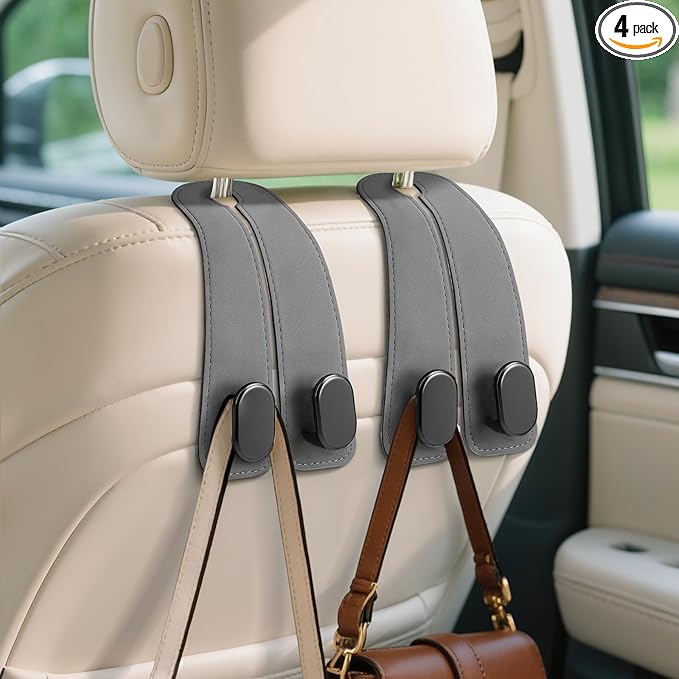 Car Seat Headrest Hooks - 4 Pack Universal Car Purse Hook, Leather Car Bag Purse Holder with Double Metal Hooks for Handbags, Grocery Bags, Bottles, Phones, Gray