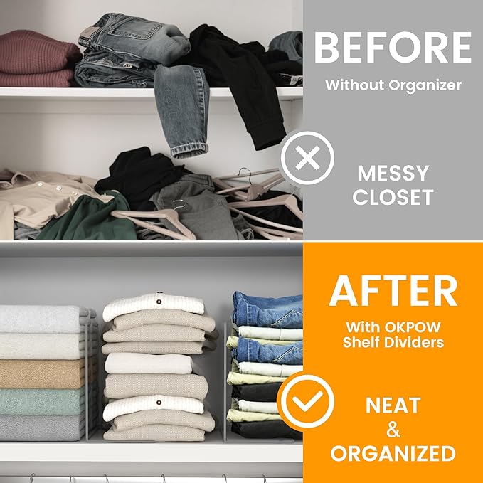 OKPOW Shelf Dividers for Closet Organization – Keep Sweaters & Purses Upright, Clear Acrylic Separators for Most Wood Shelves & Pantry, Damage-Free, Sturdy & Tall (10" x 12", 8 Pack)