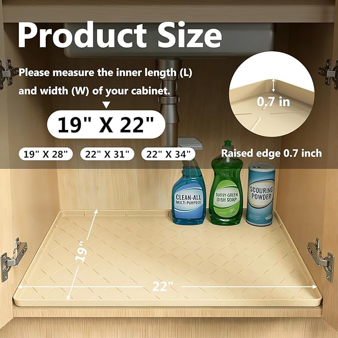 Mateeylife Under Sink Mats for Kitchen Waterproof 22"X19", Undersink Protectors，Silicone Mat Cabinet Liner, Under Sink Organizer for Bathroom and Kitchen，Boot Tray Pet Food Mat, Khaki