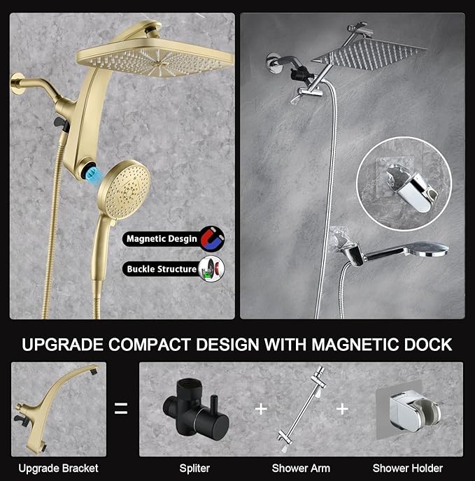BOZYBO Rain Shower Head with Handheld: High Pressure Shower Heads with Handheld Spray Combo, 12" Rainfall Shower Head and 9 Sprays Hand Showerheads with Magnetic Docking and Power Jets, Gold 2.5GPM