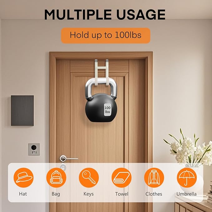 FYY Over The Door Hooks - 4 Pack Heavy Duty Double-Hanger Organizer for Bathroom Bedroom Dorm, Hanging Clothes Towels Hats Bags Ironing Board Wreath Robe - Fits Interior Doors Up to 1 3/8" Beige