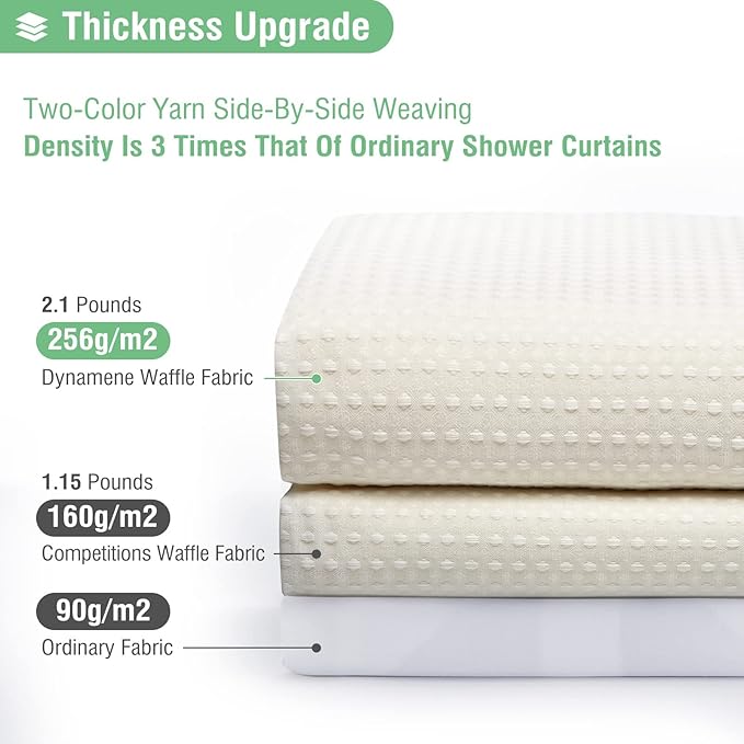 Dynamene Ivory Shower Curtain and Liner Set, Waffle Weave Fabric, Waterproof Clear Liner, 256GSM Heavy Duty Weighted Hotel Luxury Cloth Shower Curtains for Bathroom with 12 Plastic Hooks, 72Wx72H