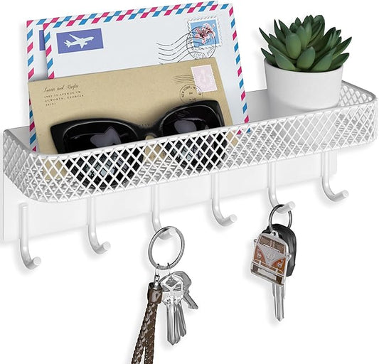 Lwenki Key Holder for Wall – Decorative Stainless Steel Key Hanger with 6 Hooks for Hats, Bags, Leashes – Mail Holder Key Rack with Mounting Hardware and Guide (9.65” x 2.8” x 2.2”) (White)