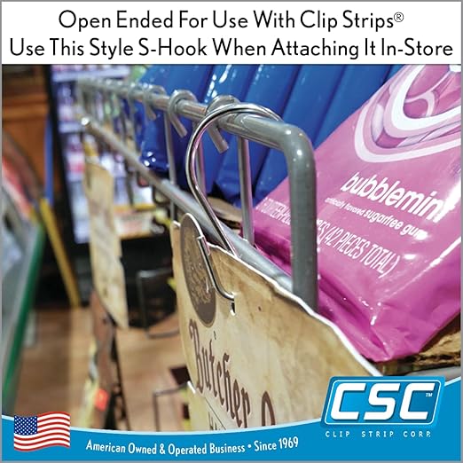 Clip Strip 100 Pack S Hooks for Hanging Displays in Retail, 1.8125" L, Open Ended Version, Use at Home Hanging Jewelry, Kitchenware, Keys, SH-50