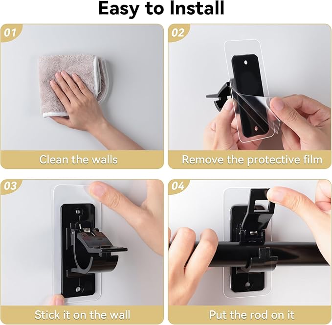 16PCS No Drill Curtain Rod Brackets, Self Adhesive Curtain Rod Holders, No Hole, Multipurpose Curtain Rod Hooks for Bathroom Living Room Kitchen and Bedroom (Black)