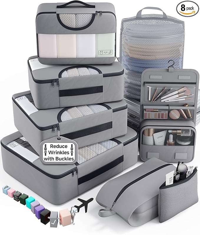 Veken 8 Set Packing Cubes for Travel Essentials, Suitcase Organizer Bags in 4 Sizes, Carry-On Luggage Accessories with Large Laundry & Hanging Toiletry Bag, Must-Have for Airplane, Road Trip & Camping