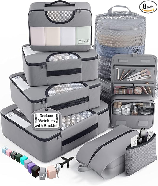 Veken 8 Set Packing Cubes for Travel Essentials, Suitcase Organizer Bags in 4 Sizes, Carry-On Luggage Accessories with Large Laundry & Hanging Toiletry Bag, Must-Have for Airplane, Road Trip & Camping