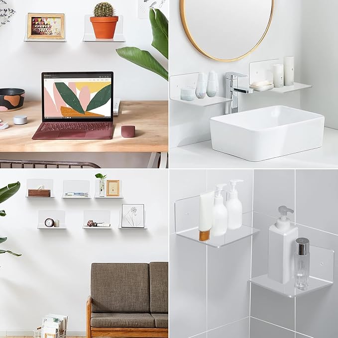 8 Pack Small Wall Shelf, 4'' Acrylic Shelves Display Ledges for Storage & Decoration, Small Floating Shelf for Wall with 2 Types of Installation (Adhesive or Screw)
