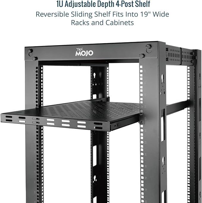 Tecmojo 1U Sliding Rack Shelf,4-Post Vented Rack Mount Shelf,21.7in Deep with Adjustable Mounting Depth 21.7-35.4in,Supports to 110lbs,for 19 Inch AV/Network Equipment Rack,Unassembled,Black