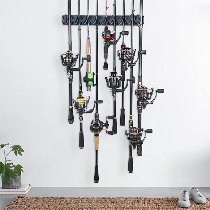 PLUSINNO 4 Pack Vertical Fishing Rod Rack, Wall Mounted Fishing Rod holder, 4 Packs Fishing Pole Holders Hold Up to 36 Rods or Combos, Fishing rod holders for garage, Fishing Gear and Gifts for Men